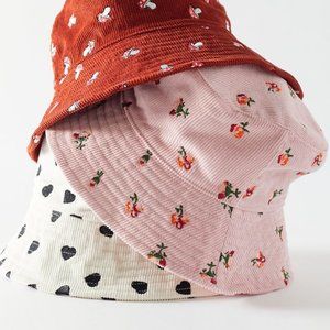 Floral Rose Boho Embroidered Corduroy Bucket Hat